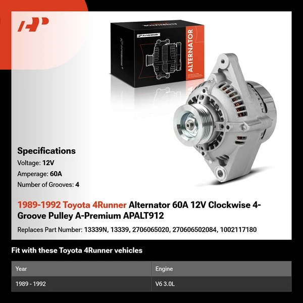 1989-1992 Toyota 4Runner Alternator 60A 12V Clockwise 4-Groove Pulley A-Premium APALT912