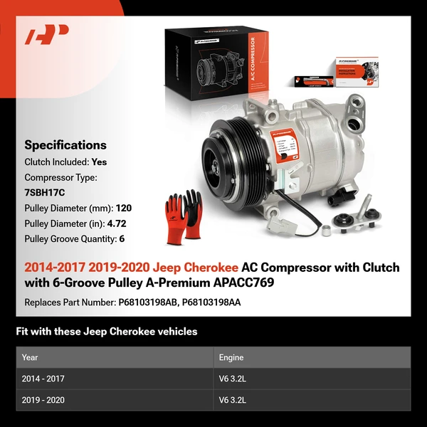 2014-2017 2019-2020 Jeep Cherokee AC Compressor with Clutch with 6-Groove Pulley A-Premium APACC769