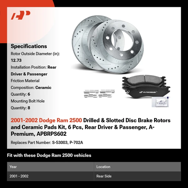 2001-2002 Dodge Ram 2500 Drilled & Slotted Disc Brake Rotors and Ceramic Pads Kit, 6 Pcs, Rear Driver & Passenger, A-Premium, APBRPS602