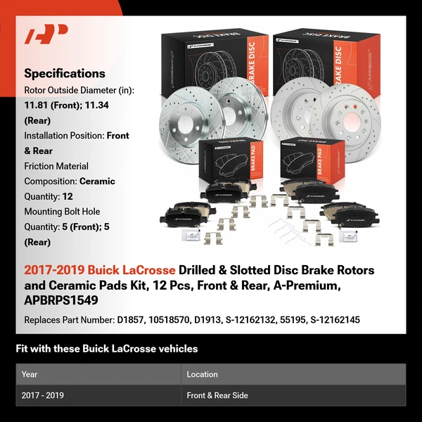 2017-2019 Buick LaCrosse Drilled & Slotted Disc Brake Rotors and Ceramic Pads Kit, 12 Pcs, Front & Rear, A-Premium, APBRPS1549