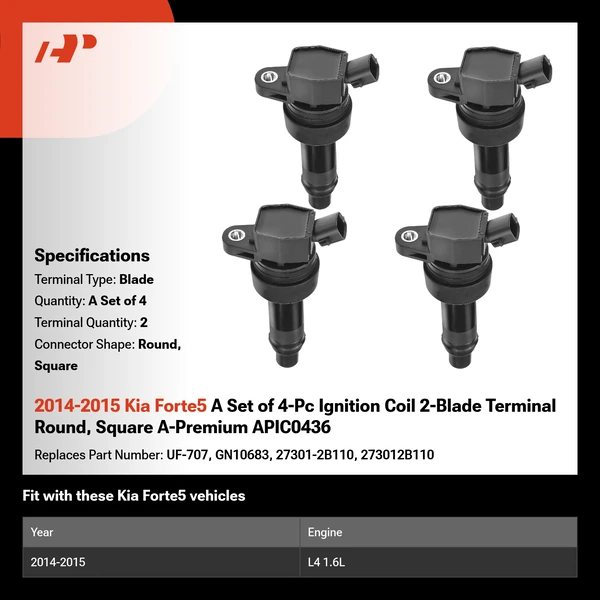 2014-2015 Kia Forte5 A Set of 4-Pc Ignition Coil 2-Blade Terminal Round, Square A-Premium APIC0436