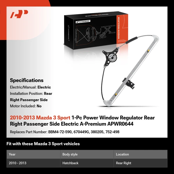 2010-2013 Mazda 3 Sport 1-Pc Power Window Regulator Rear Right Passenger Side Electric A-Premium APWR0644