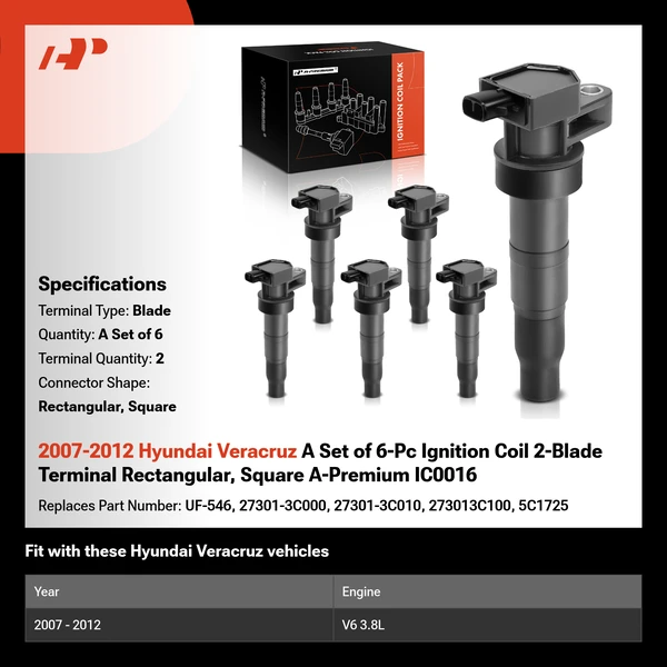 2007-2012 Hyundai Veracruz A Set of 6-Pc Ignition Coil 2-Blade Terminal Rectangular, Square A-Premium IC0016