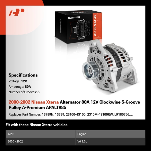 2000-2002 Nissan Xterra Alternator 80A 12V Clockwise 5-Groove Pulley A-Premium APALT985