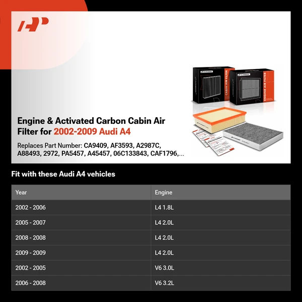 Engine & Activated Carbon Cabin Air Filter for 2002-2009 Audi A4