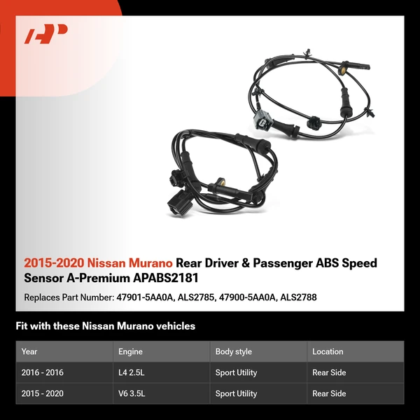 2015-2020 Nissan Murano Rear Driver & Passenger ABS Speed Sensor A-Premium APABS2181