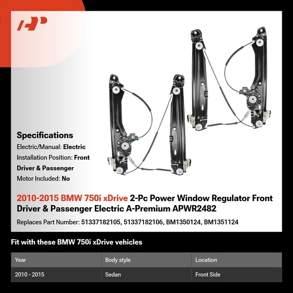 2010-2015 BMW 750i xDrive 2-Pc Power Window Regulator Front Driver & Passenger Electric A-Premium APWR2482