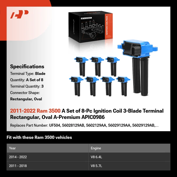 2011-2022 Ram 3500 A Set of 8-Pc Ignition Coil 3-Blade Terminal Rectangular, Oval A-Premium APIC0986