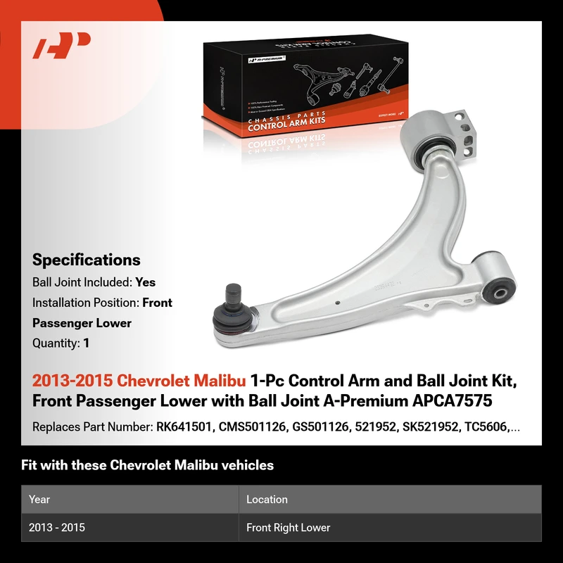 2013-2015 Chevrolet Malibu 1-Pc Control Arm and Ball Joint Kit, Front Passenger Lower with Ball Joint A-Premium APCA7575