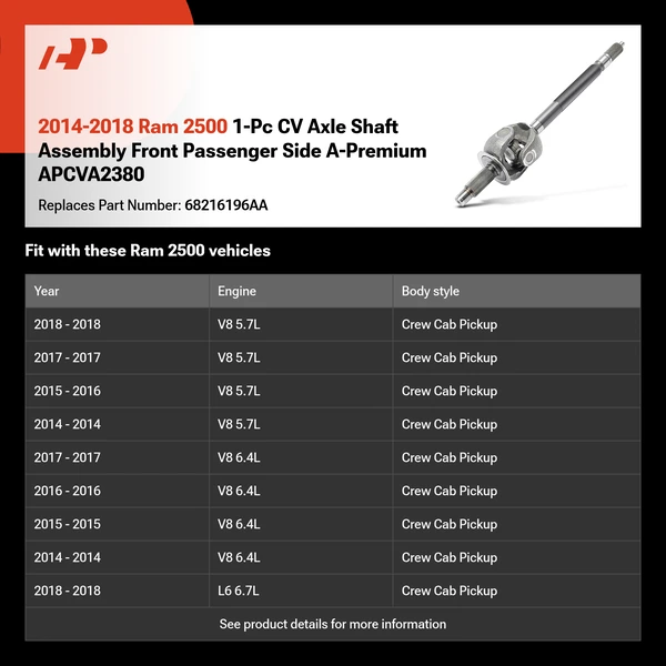 2014-2018 Ram 2500 1-Pc CV Axle Shaft Assembly Front Passenger Side A-Premium APCVA2380