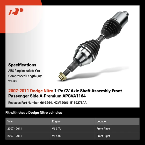 2007-2011 Dodge Nitro 1-Pc CV Axle Shaft Assembly Front Passenger Side A-Premium APCVA1164