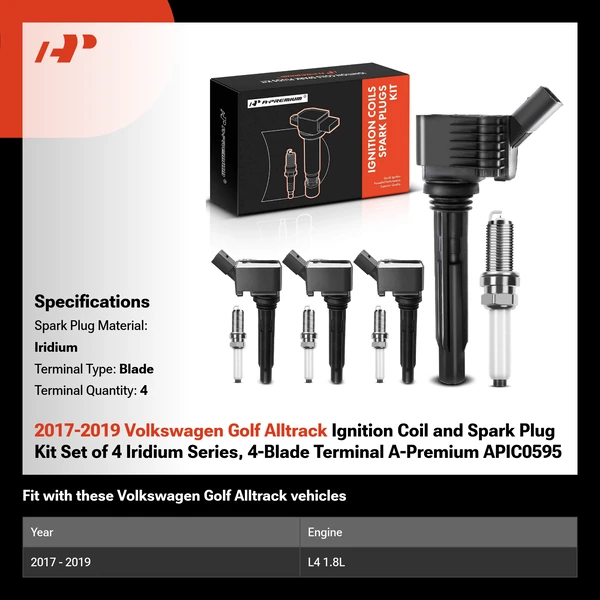 2017-2019 Volkswagen Golf Alltrack Ignition Coil and Spark Plug Kit Set of 4 Iridium Series, 4-Blade Terminal A-Premium APIC0595