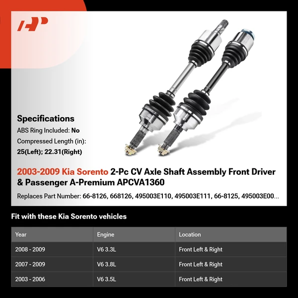 2003-2009 Kia Sorento 2-Pc CV Axle Shaft Assembly Front Driver & Passenger A-Premium APCVA1360