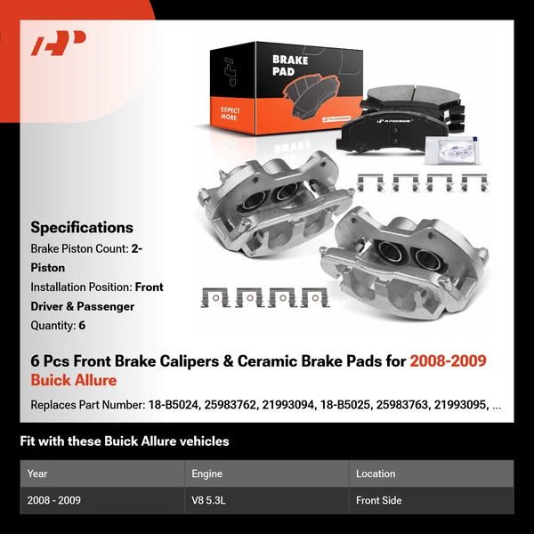 6 Pcs Front Brake Calipers & Ceramic Brake Pads for 2008-2009 Buick Allure