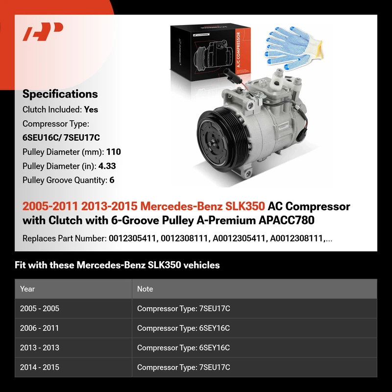 2005-2011 2013-2015 Mercedes-Benz SLK350 AC Compressor with Clutch with 6-Groove Pulley A-Premium APACC780