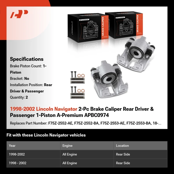 1998-2002 Lincoln Navigator 2-Pc Brake Caliper Rear Driver & Passenger 1-Piston A-Premium APBC0974