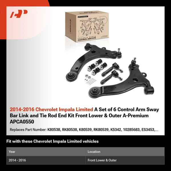 2014-2016 Chevrolet Impala Limited A Set of 6 Control Arm Sway Bar Link and Tie Rod End Kit Front Lower & Outer A-Premium APCA0550
