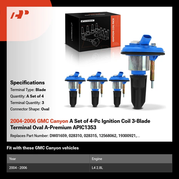 2004-2006 GMC Canyon A Set of 4-Pc Ignition Coil 3-Blade Terminal Oval A-Premium APIC1353