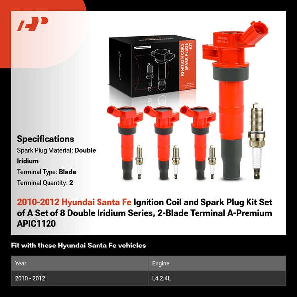 2010-2012 Hyundai Santa Fe Ignition Coil and Spark Plug Kit Set of A Set of 8 Double Iridium Series, 2-Blade Terminal A-Premium APIC1120