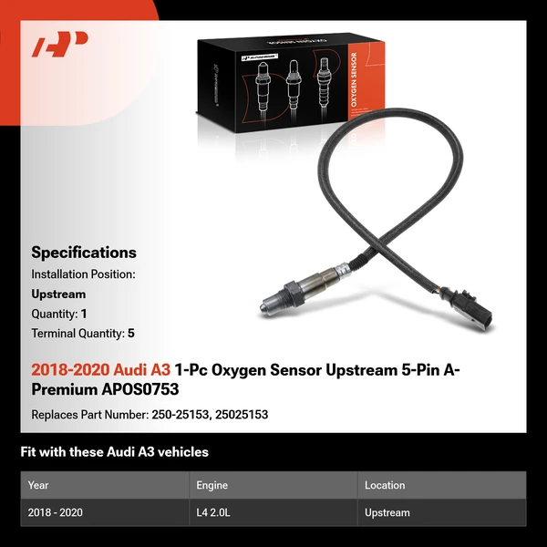 2018-2020 Audi A3 1-Pc Oxygen Sensor Upstream 5-Pin A-Premium APOS0753
