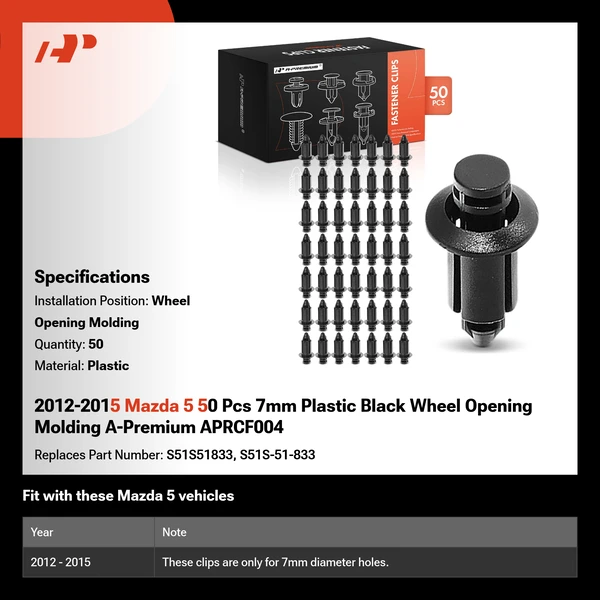 2012-2015 Mazda 5 50 Pcs 7mm Plastic Black Wheel Opening Molding A-Premium APRCF004