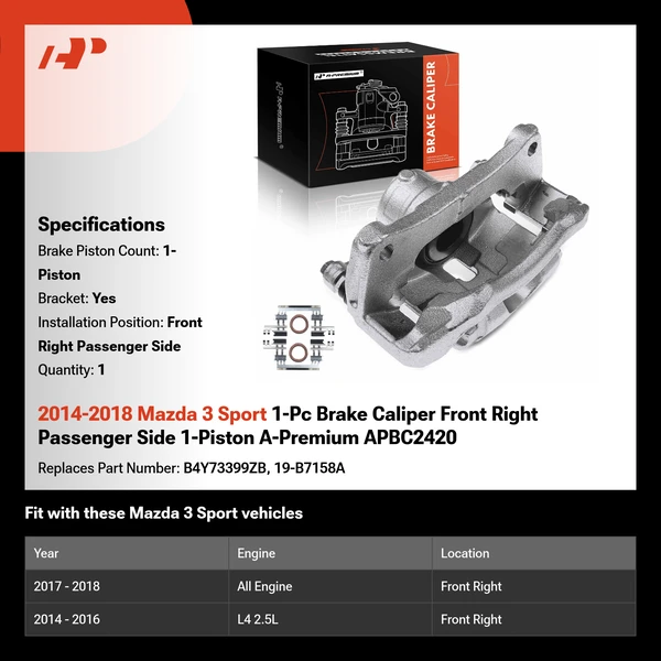 2014-2018 Mazda 3 Sport 1-Pc Brake Caliper Front Right Passenger Side 1-Piston A-Premium APBC2420