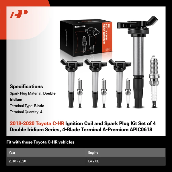 2018-2020 Toyota C-HR Ignition Coil and Spark Plug Kit Set of 4 Double Iridium Series, 4-Blade Terminal A-Premium APIC0618