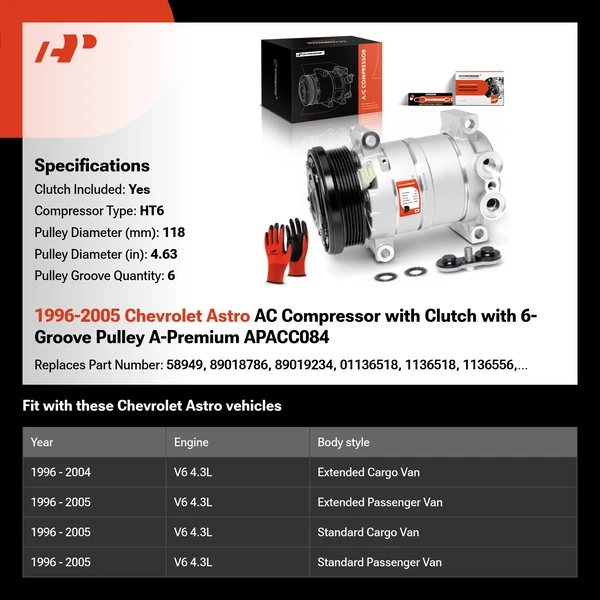 1996-2005 Chevrolet Astro AC Compressor with Clutch with 6-Groove Pulley A-Premium APACC084