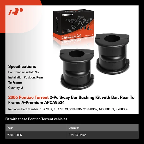 2006 Pontiac Torrent 2-Pc Sway Bar Bushing Kit with Bar, Rear To Frame A-Premium APCA9534