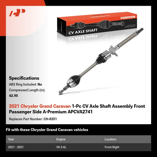 2021 Chrysler Grand Caravan 1-Pc CV Axle Shaft Assembly Front Passenger Side A-Premium APCVA2741