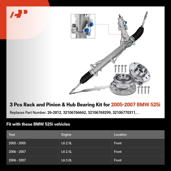 3 Pcs Rack and Pinion & Hub Bearing Kit for 2005-2007 BMW 525i