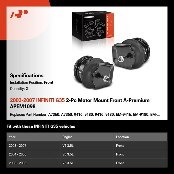 2003-2007 INFINITI G35 2-Pc Motor Mount Front A-Premium APEM1098