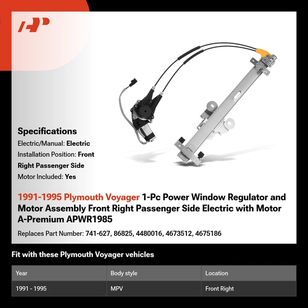 1991-1995 Plymouth Voyager 1-Pc Power Window Regulator and Motor Assembly Front Right Passenger Side Electric with Motor A-Premium APWR1985