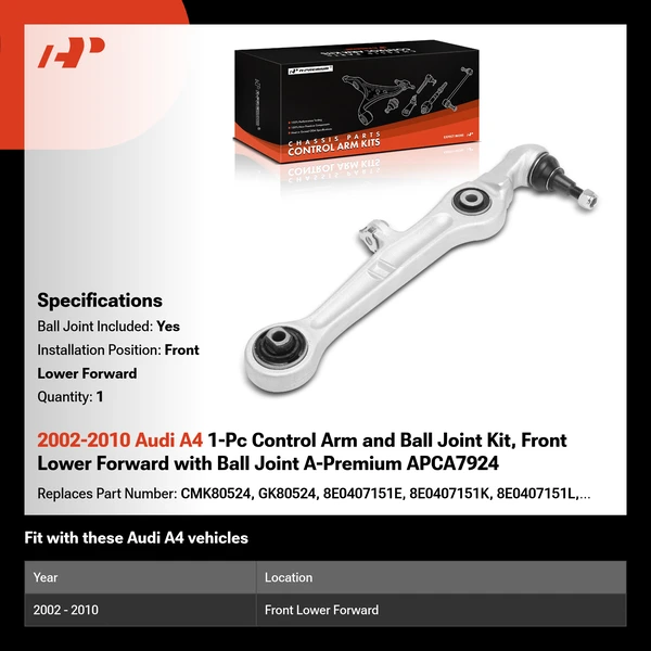 2002-2010 Audi A4 1-Pc Control Arm and Ball Joint Kit, Front Lower Forward with Ball Joint A-Premium APCA7924