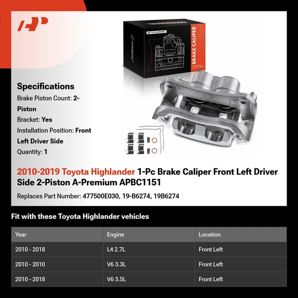 2010-2019 Toyota Highlander 1-Pc Brake Caliper Front Left Driver Side 2-Piston A-Premium APBC1151