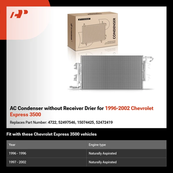 AC Condenser without Receiver Drier for 1996-2002 Chevrolet Express 3500