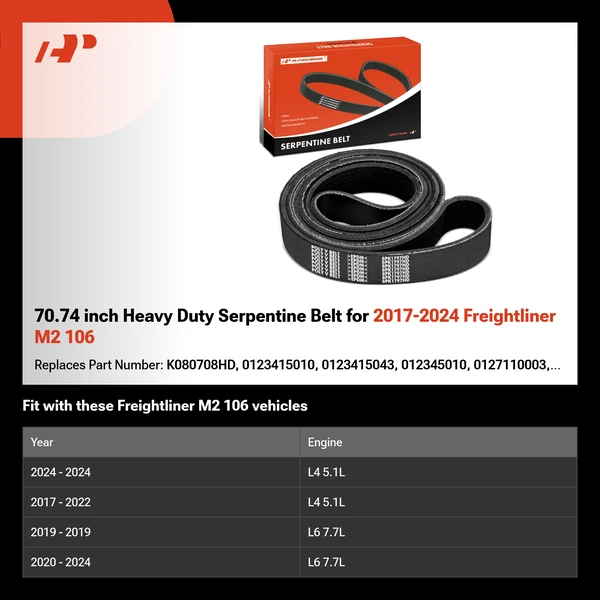 70.74 inch Heavy Duty Serpentine Belt for 2017-2024 Freightliner M2 106