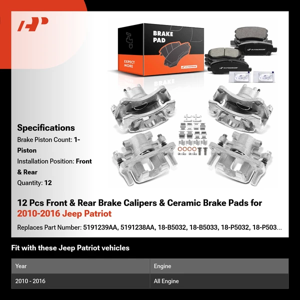 12 Pcs Front & Rear Brake Calipers & Ceramic Brake Pads for 2010-2016 Jeep Patriot