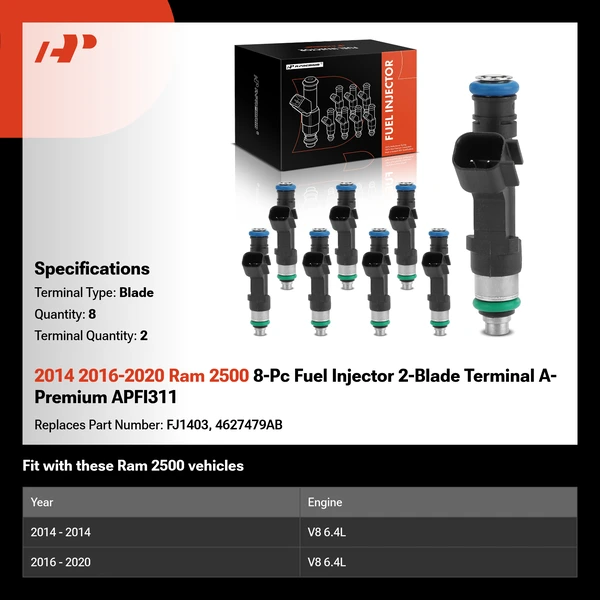 2014 2016-2020 Ram 2500 8-Pc Fuel Injector 2-Blade Terminal A-Premium APFI311