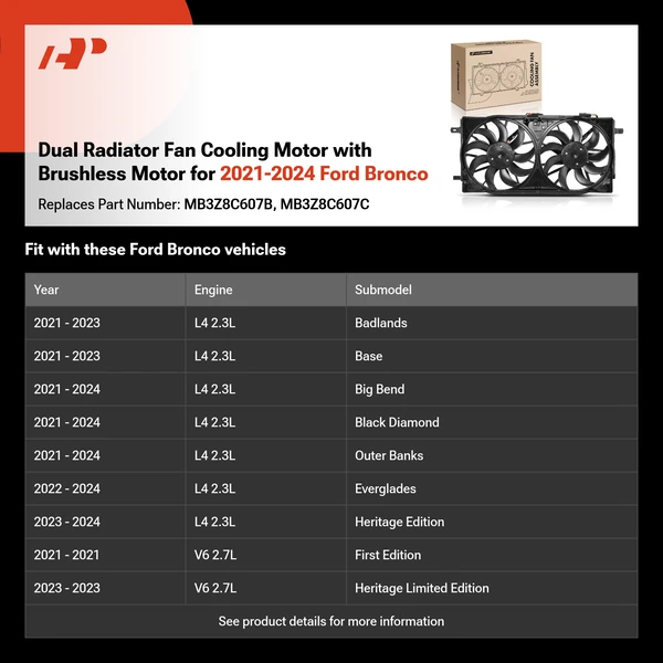 Dual Radiator Fan Cooling Motor with Brushless Motor for 2021-2024 Ford Bronco