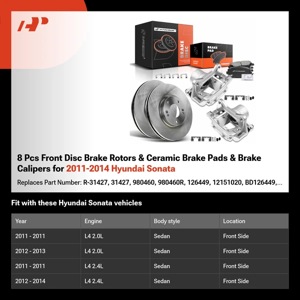 8 Pcs Front Disc Brake Rotors & Ceramic Brake Pads & Brake Calipers for 2011-2014 Hyundai Sonata