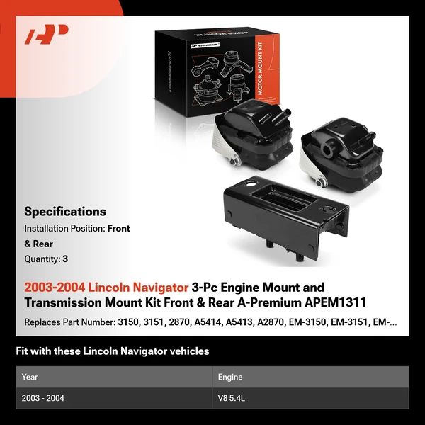 2003-2004 Lincoln Navigator 3-Pc Engine Mount and Transmission Mount Kit Front & Rear A-Premium APEM1311