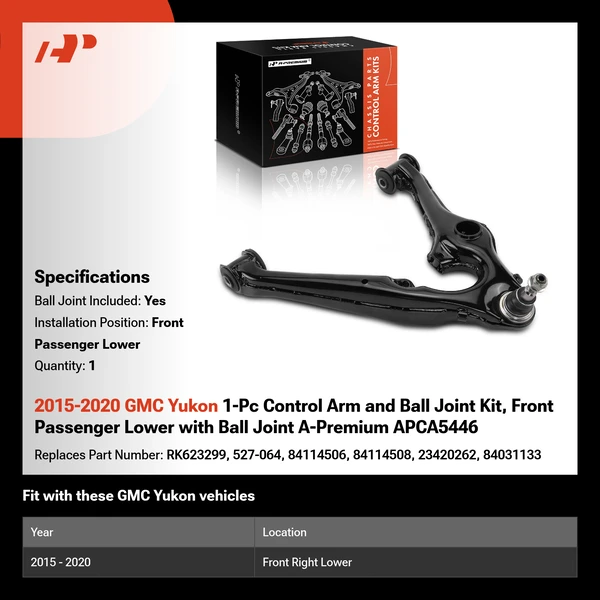 2015-2020 GMC Yukon 1-Pc Control Arm and Ball Joint Kit, Front Passenger Lower with Ball Joint A-Premium APCA5446