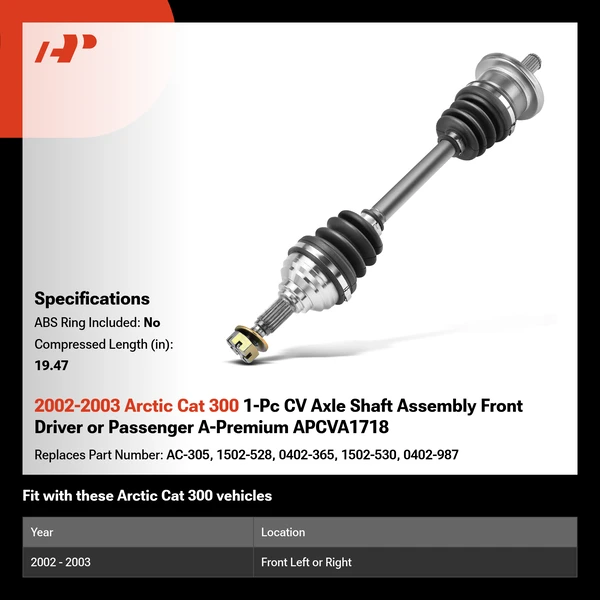 2002-2003 Arctic Cat 300 1-Pc CV Axle Shaft Assembly Front Driver or Passenger A-Premium APCVA1718