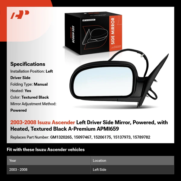 2003-2008 Isuzu Ascender Left Driver Side Mirror, Powered, with Heated, Textured Black A-Premium APMI659
