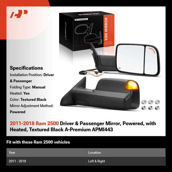 2011-2018 Ram 2500 Driver & Passenger Mirror, Powered, with Heated, Textured Black A-Premium APMI443