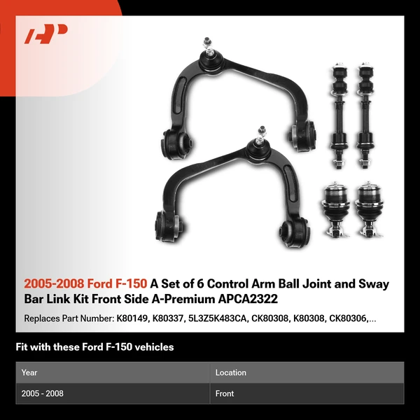2005-2008 Ford F-150 A Set of 6 Control Arm Ball Joint and Sway Bar Link Kit Front Side A-Premium APCA2322