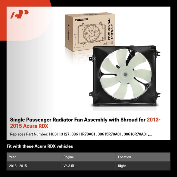 Single Passenger Radiator Fan Assembly with Shroud for 2013-2015 Acura RDX