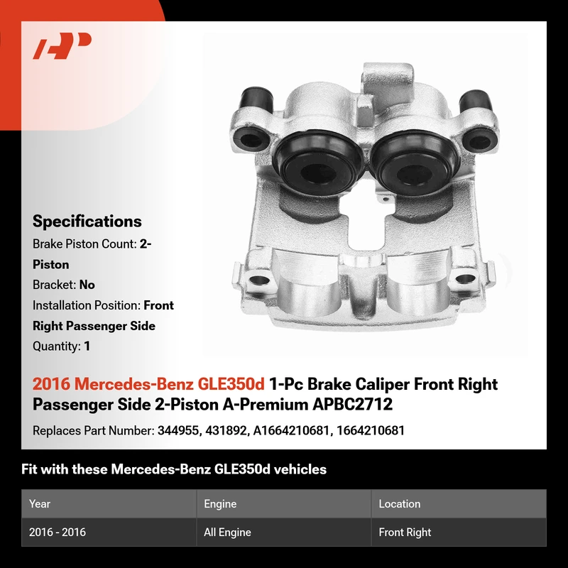 2016 Mercedes-Benz GLE350d 1-Pc Brake Caliper Front Right Passenger Side 2-Piston A-Premium APBC2712