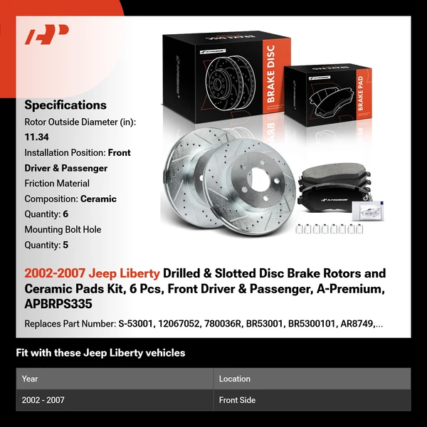 2002-2007 Jeep Liberty Drilled & Slotted Disc Brake Rotors and Ceramic Pads Kit, 6 Pcs, Front Driver & Passenger, A-Premium, APBRPS335